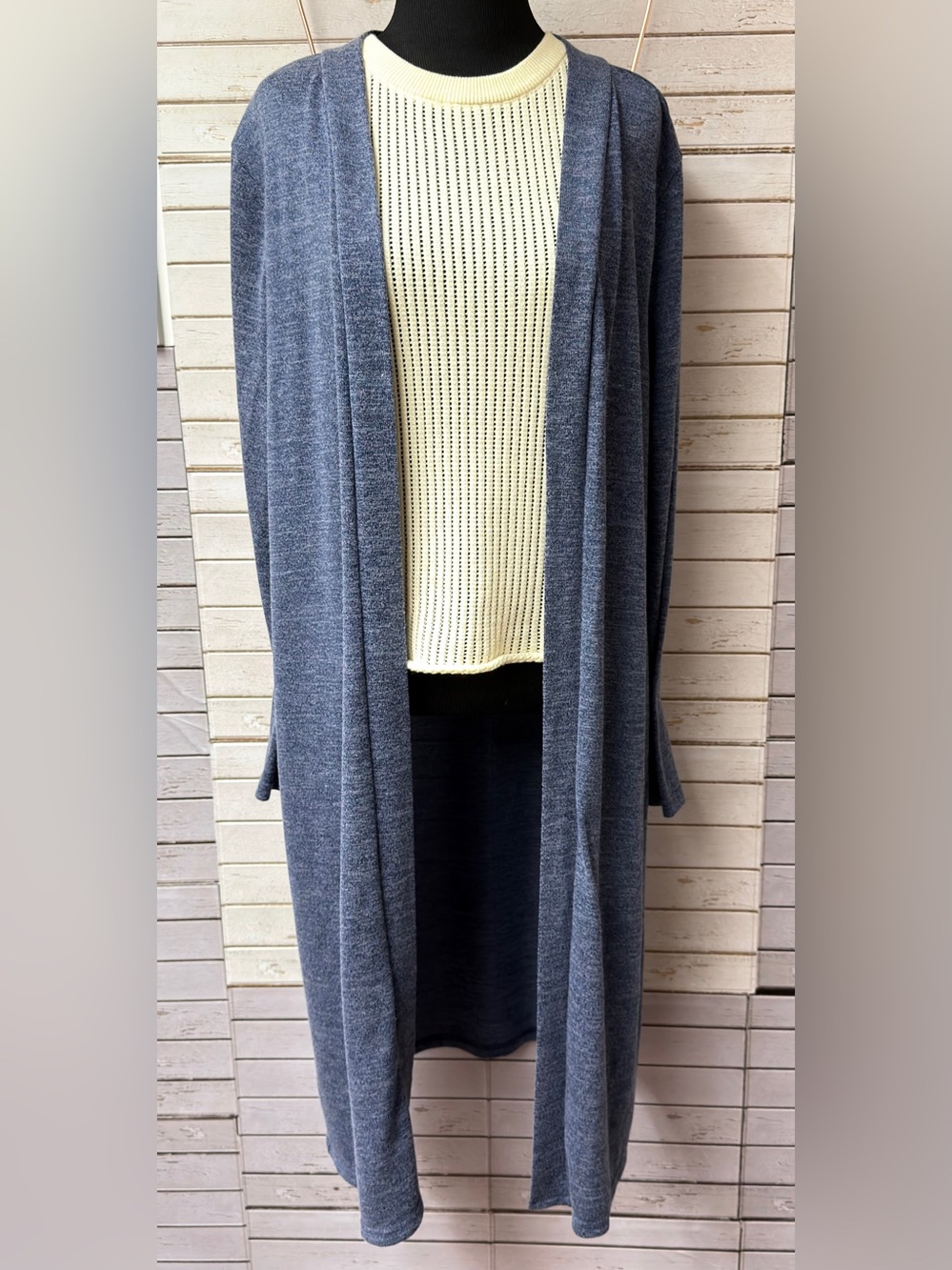 Open-Front Long Cardigan in Heather Blue